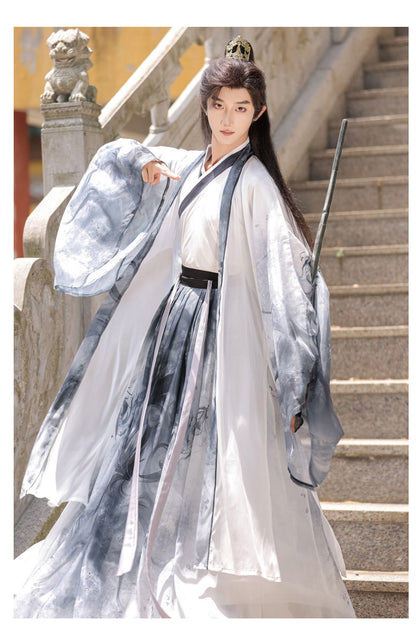 Oriental Ancient Drama Hanfu Costume Mens White Ink Print Daily Wear