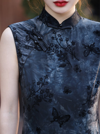 Tie-Dye Velvet Cheongsam – 2025 Sleeveless Mid-Length Dress