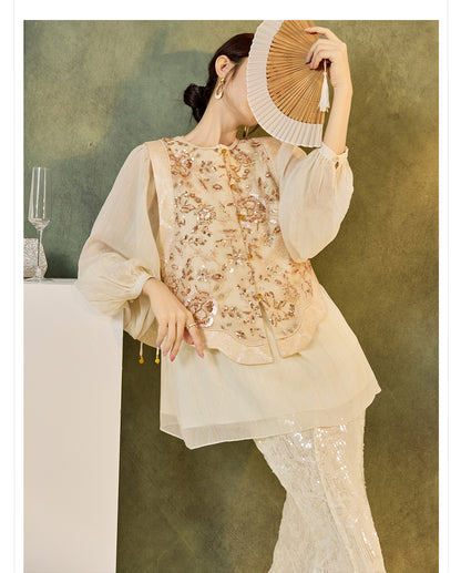 New Chinese Style Embroidered Mesh Shirt | Autumn Light Luxury Elegant Top
