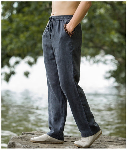 Mens Summer Thin Breathable Linen Pants Cotton Linen Wide Leg Casual