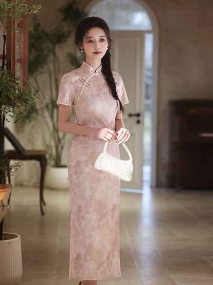 National Style Long Cheongsam – Elegant Short Sleeve Dress