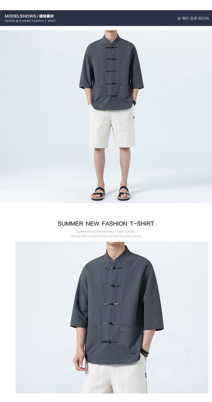 Mens Chinese Cotton Linen Shirt Retro Stand Collar Tang Suit Top