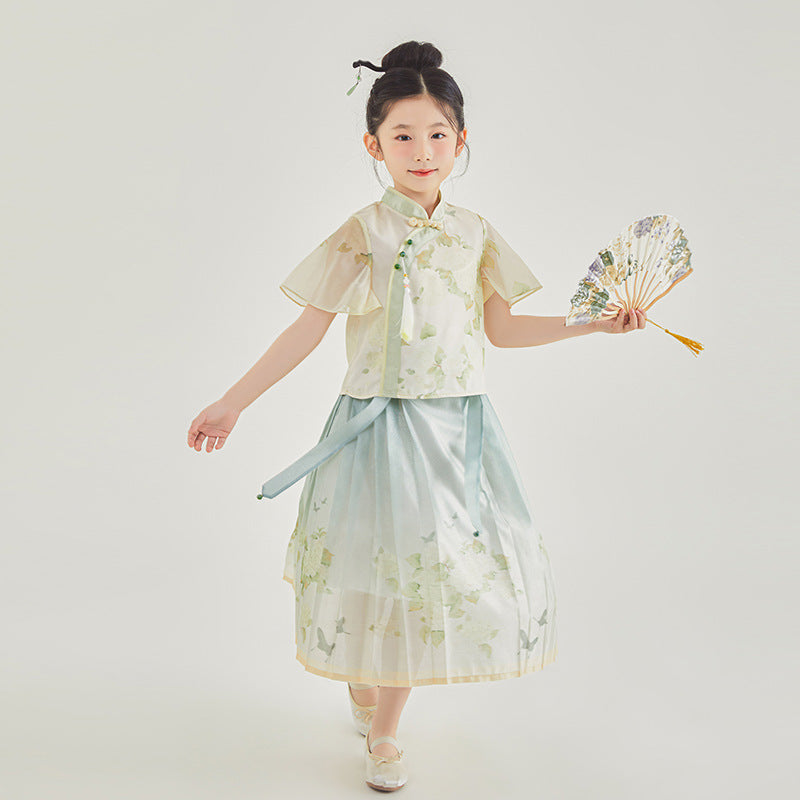 New Chinese Style Girls Outfit — Short Sleeve Shirt & Pleated Skirt