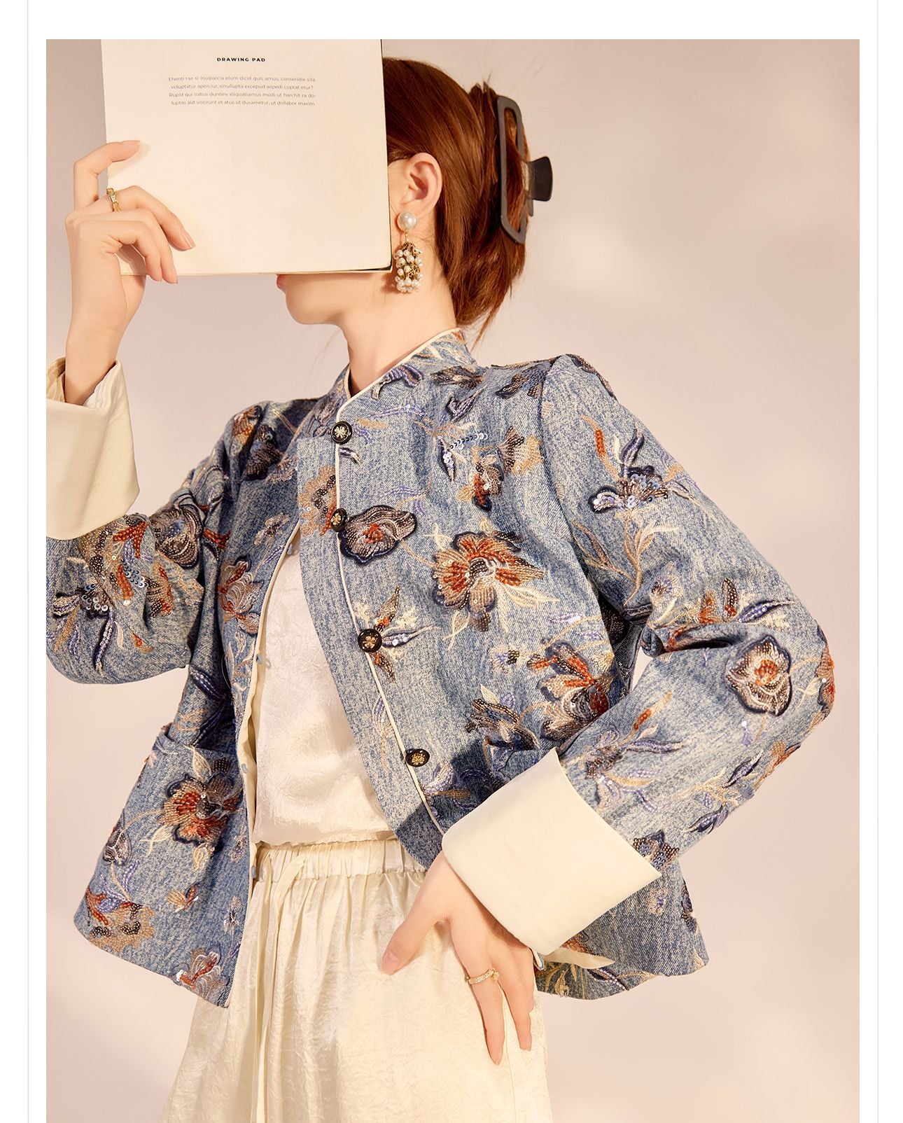 New Chinese Style Denim Jacket | Sequin Embroidery Elegant National Top