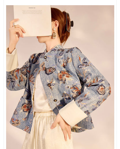 New Chinese Style Denim Jacket | Sequin Embroidery Elegant National Top