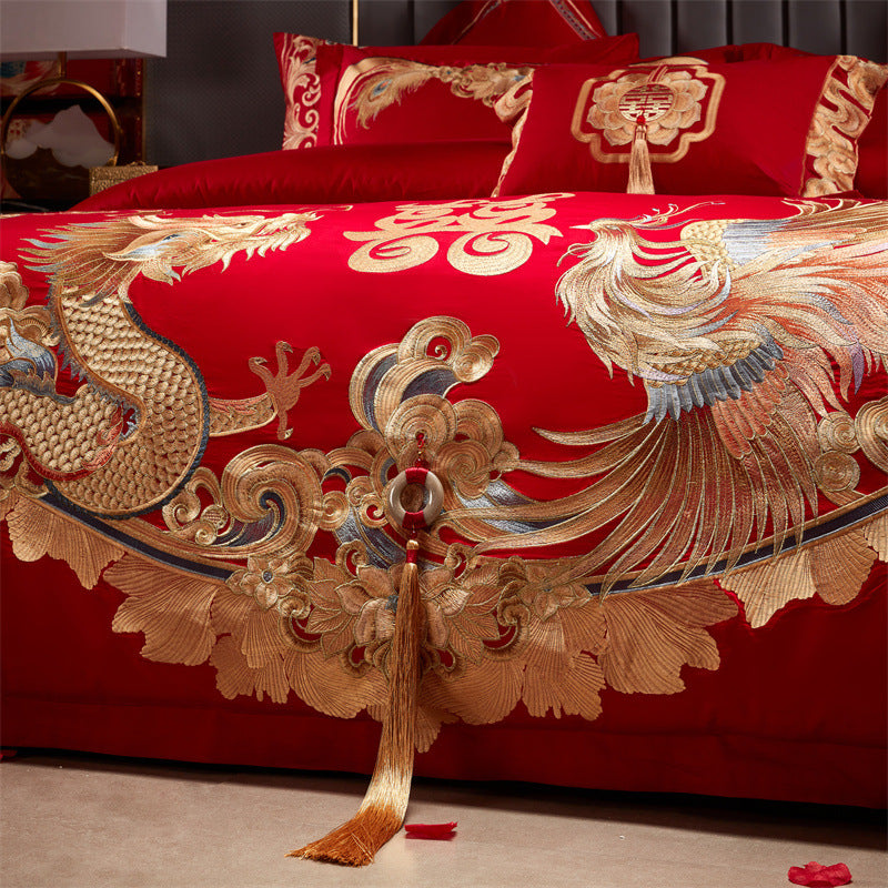 Luxury Red Cotton Wedding Bedding 4-Piece Embroidered Set