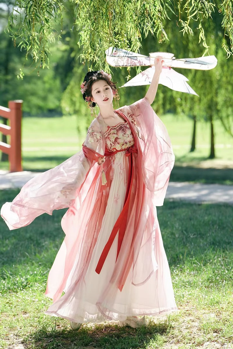 Fairy Hanfu Costume — Hibiscus Embroidered Shirt & Flowing Skirt Outfit