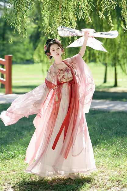 Fairy Hanfu Costume — Hibiscus Embroidered Shirt & Flowing Skirt Outfit