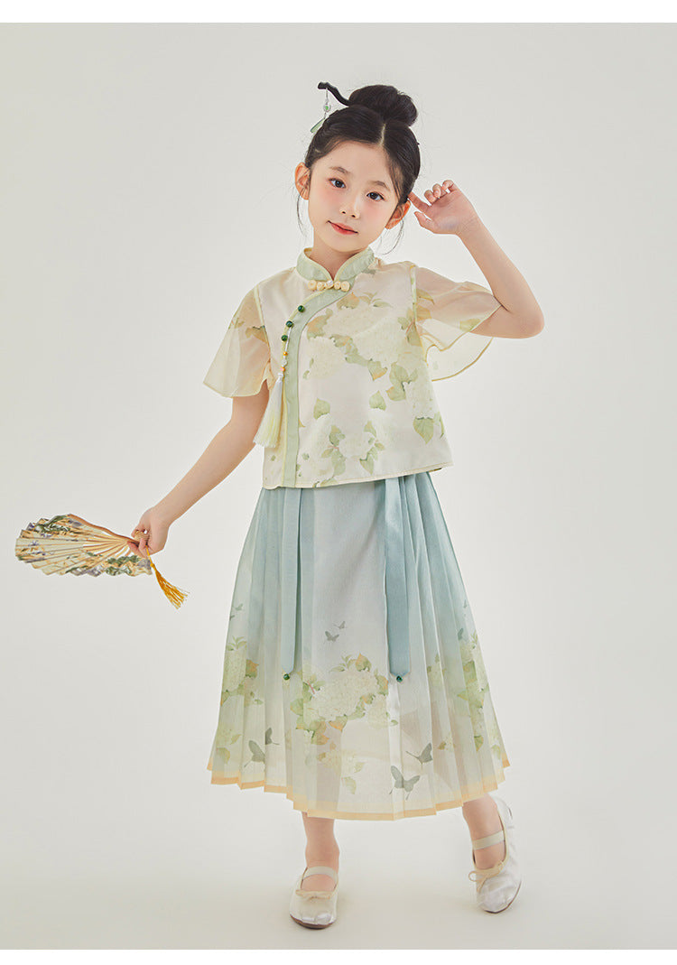 New Chinese Style Girls Outfit — Short Sleeve Shirt & Pleated Skirt