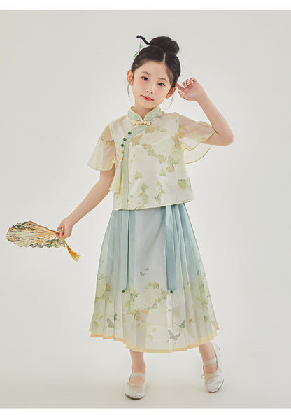 New Chinese Style Girls Outfit — Short Sleeve Shirt & Pleated Skirt