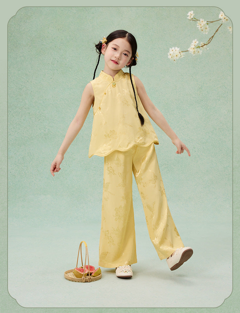 National Style Hanfu-Inspired Summer Set — Top & Pants for Children