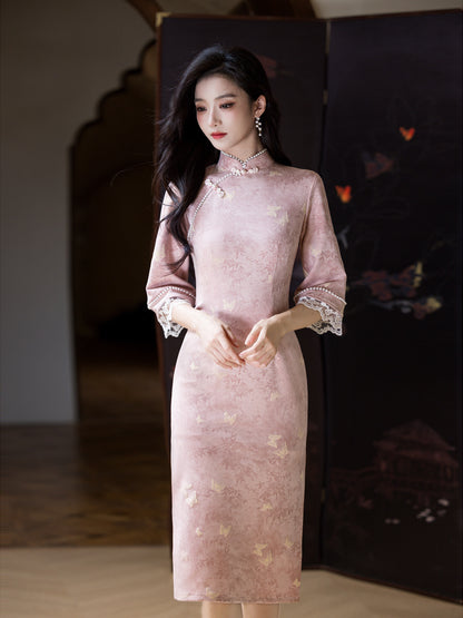 Republic of China Style Pink Cheongsam – Autumn Youth Dress