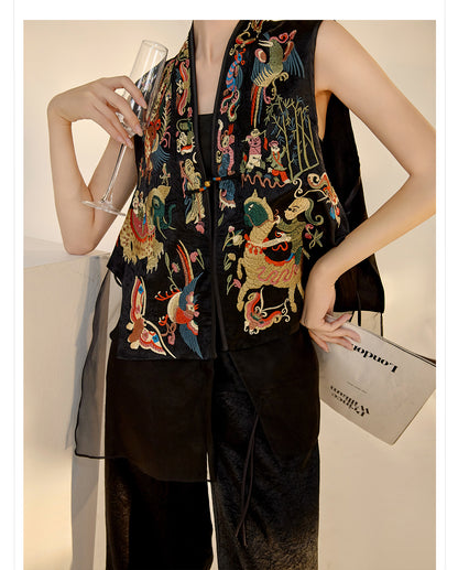 2026 New Chinese Style Silk Embroidered Mesh Patchwork Vintage Vest