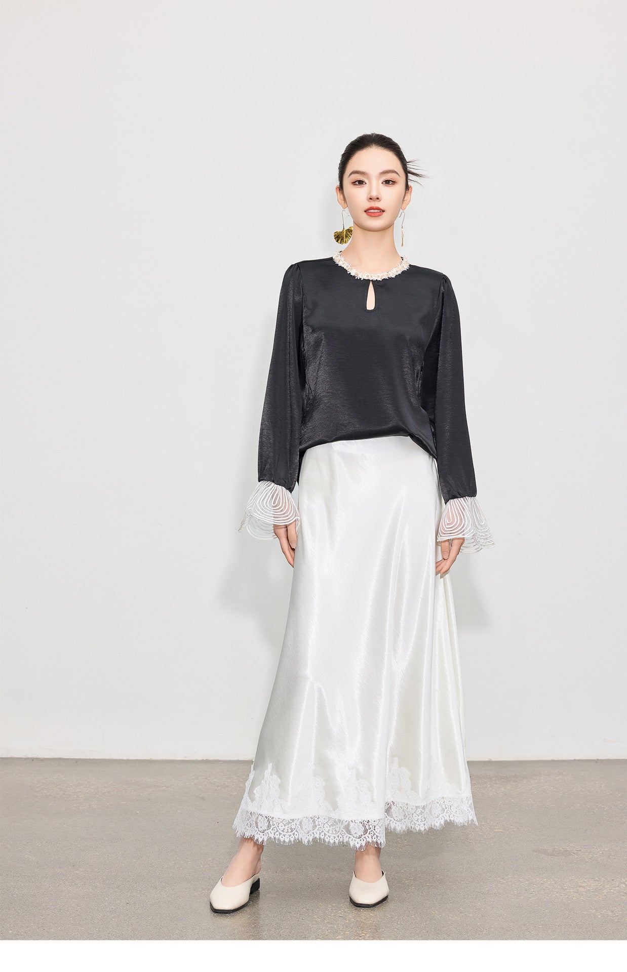 Elegant High-Waist Satin Lace Patchwork Skirt
