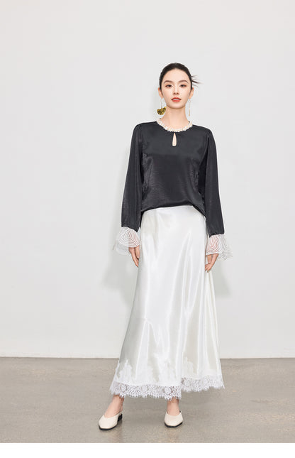 Elegant High-Waist Satin Lace Patchwork Skirt