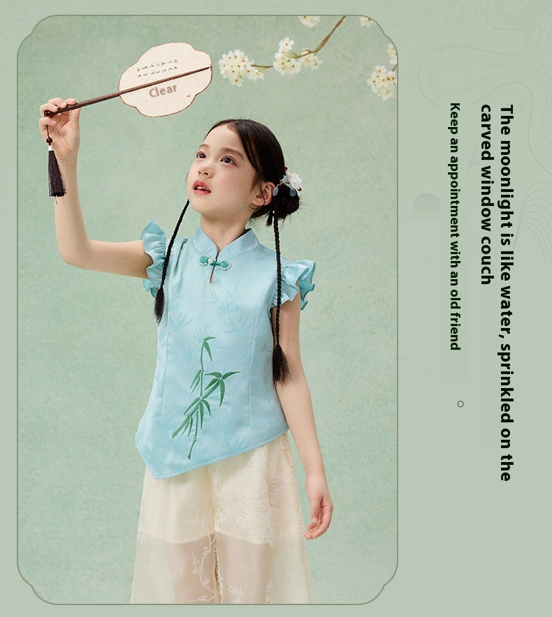 Children’s Chinese Summer Set — Shirt Top & Loose Wide-Leg Pants