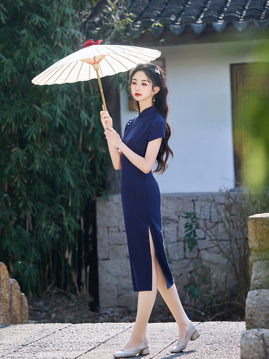 Striped Cotton Linen Cheongsam – 2025 Vintage Artistic Dress