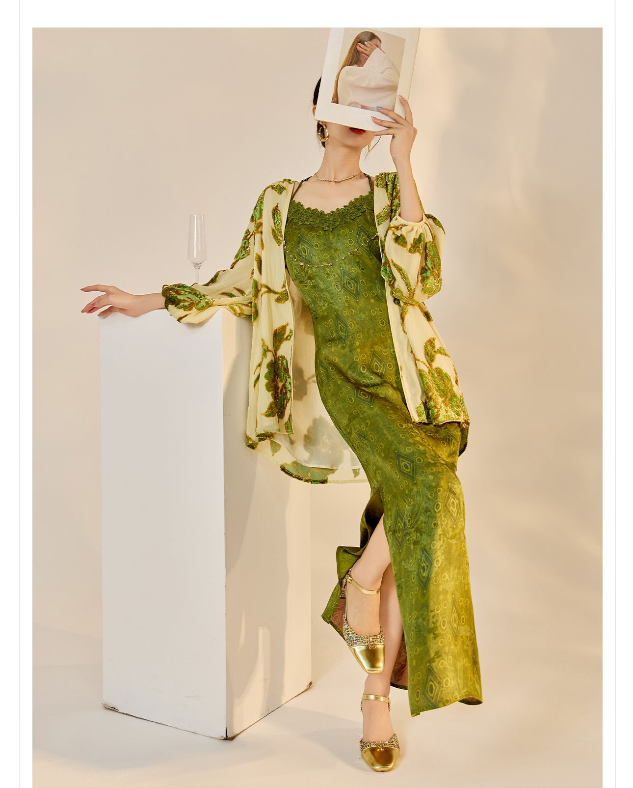 Velvet Burnout Jacket & Printed Cardigan Dress Set for Autumn