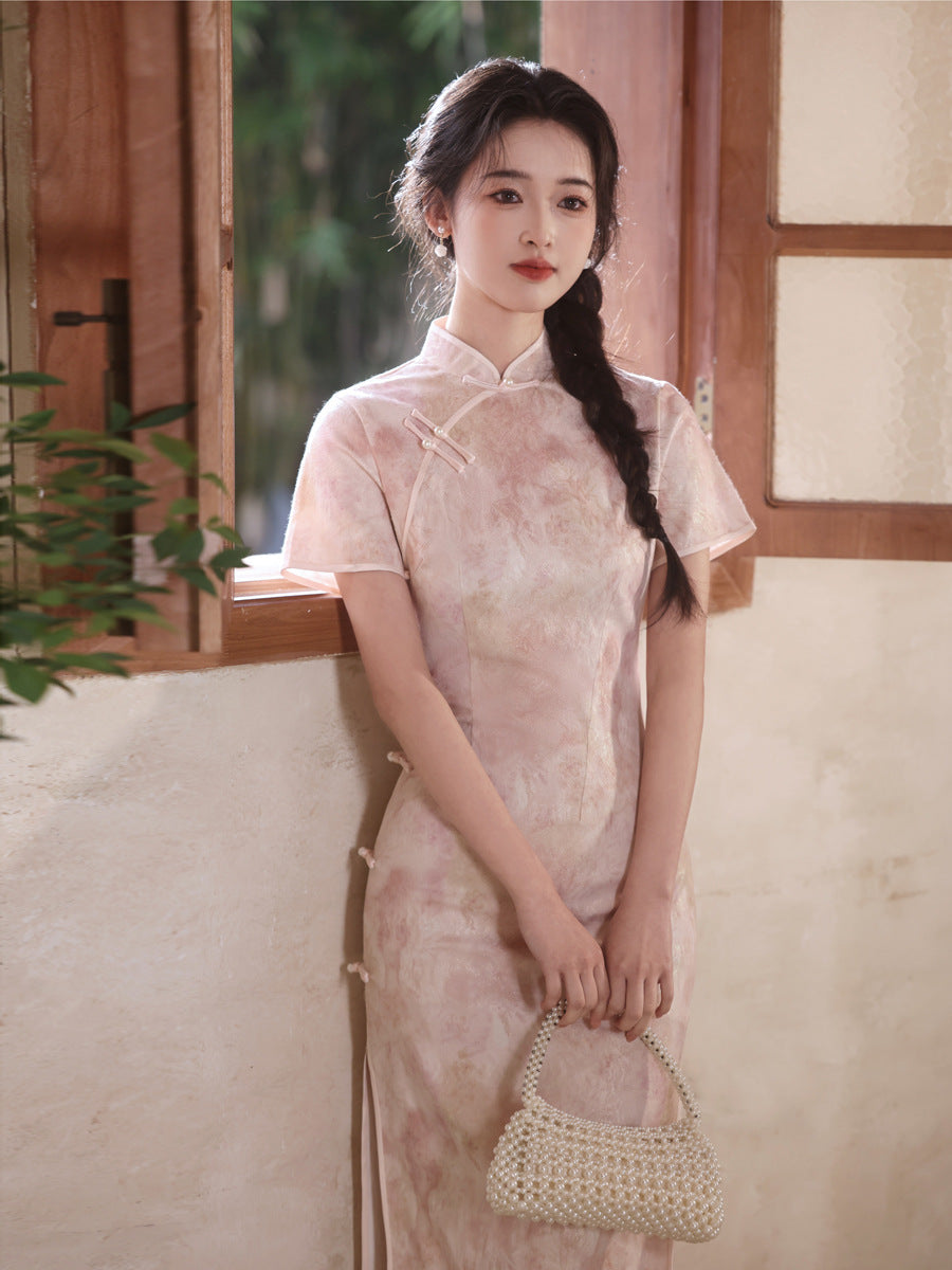 National Style Long Cheongsam – Elegant Short Sleeve Dress