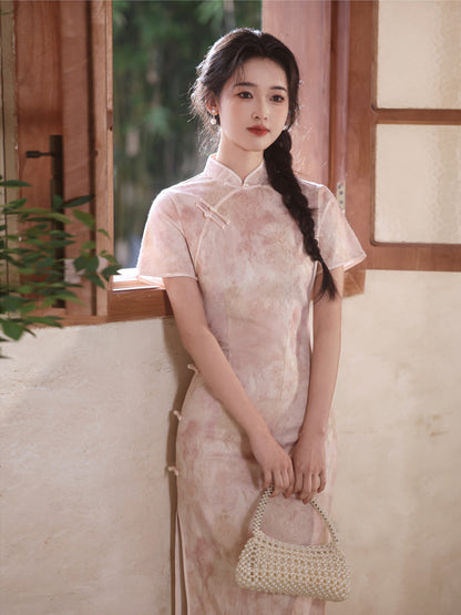 National Style Long Cheongsam – Elegant Short Sleeve Dress