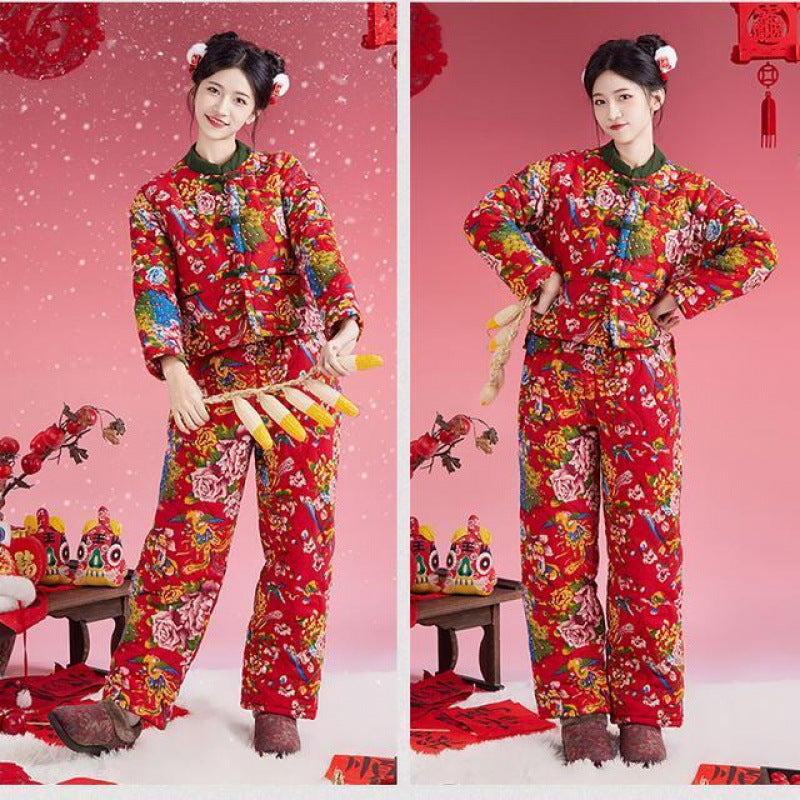Northeast Floral Winter Jacket Women Thick Ethnic Cotton Coat Set