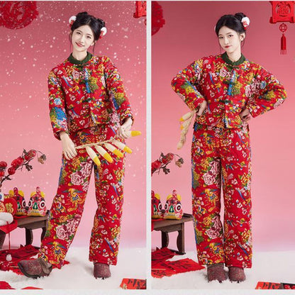 Northeast Floral Winter Jacket Women Thick Ethnic Cotton Coat Set