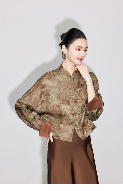 Stylish National Style Jacquard Blouse for Women