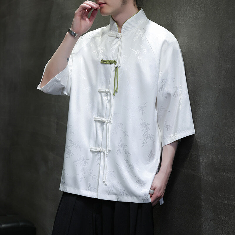 Summer Chinese Style Ice Silk Jacquard Tang Shirt Mens Stand Collar Top