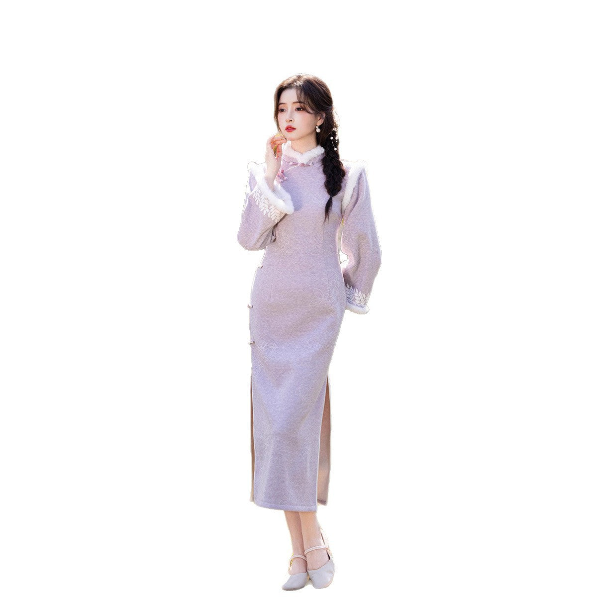 Embroidered National Style Qipao | Inverted Sleeve Winter Thickened Dress