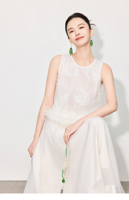 Double-Layer Mesh Patchwork Long Skirt with Elastic Waist