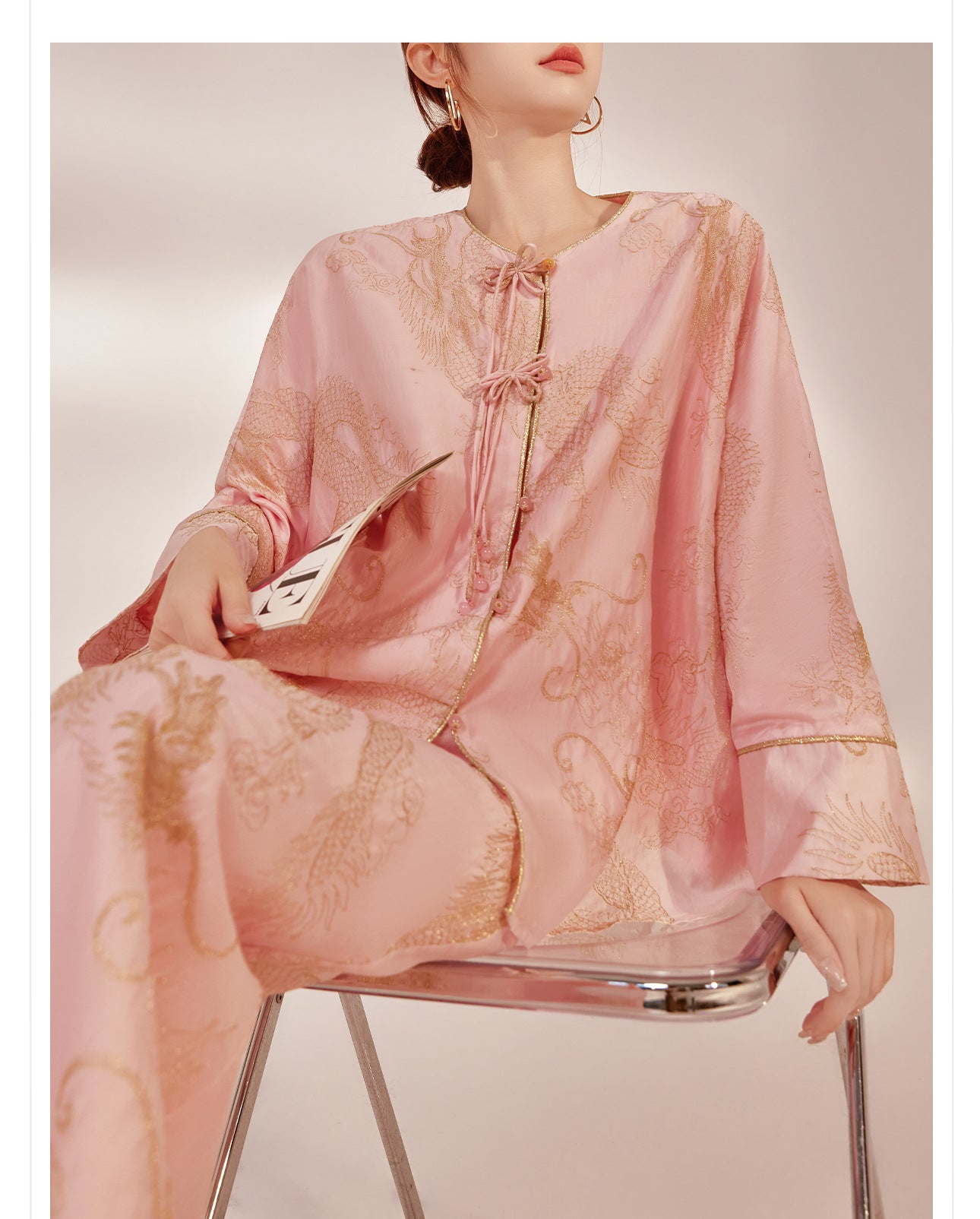 New Chinese Style Dragon Embroidered Shirt & High Waist Skirt Set