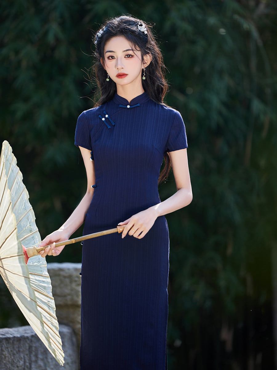 Striped Cotton Linen Cheongsam – 2025 Vintage Artistic Dress