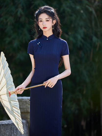 Striped Cotton Linen Cheongsam – 2025 Vintage Artistic Dress