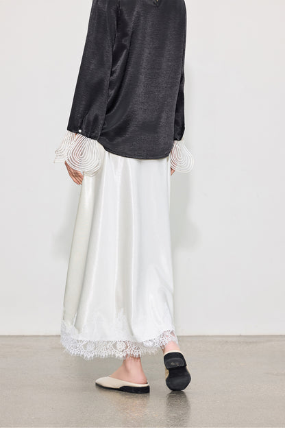 Elegant High-Waist Satin Lace Patchwork Skirt