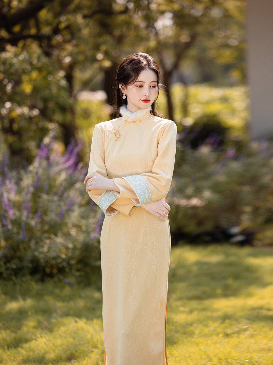 Yellow Fleece-Lined Long Sleeve Qipao | Winter New Chinese Style 2025