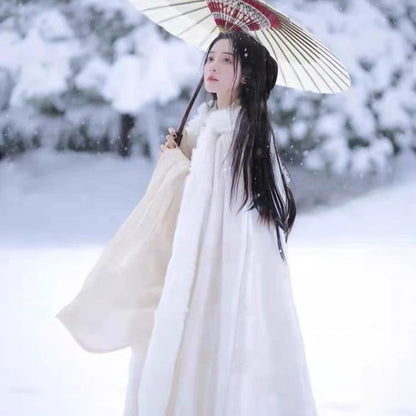 White Woolen Hanfu Cloak – Winter Thickened Fleece Cape for Women