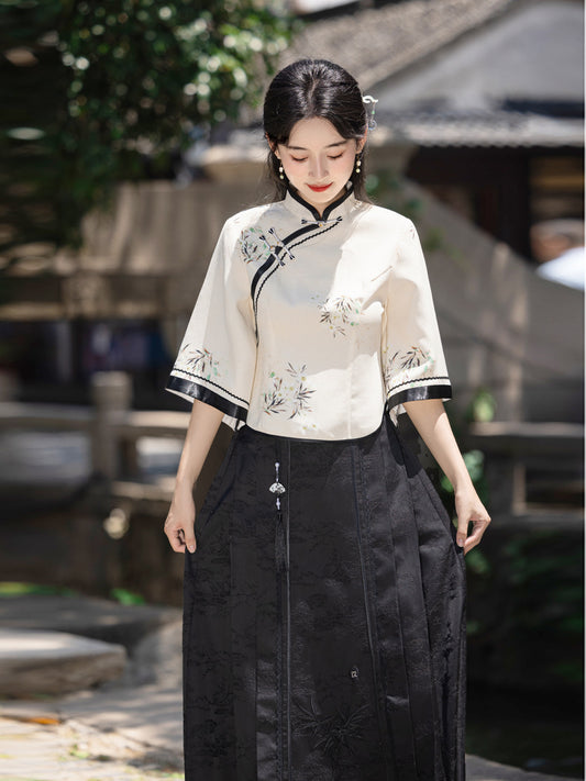 Elegant Improved Cheongsam Top & Hanfu Ink Design Skirt Set