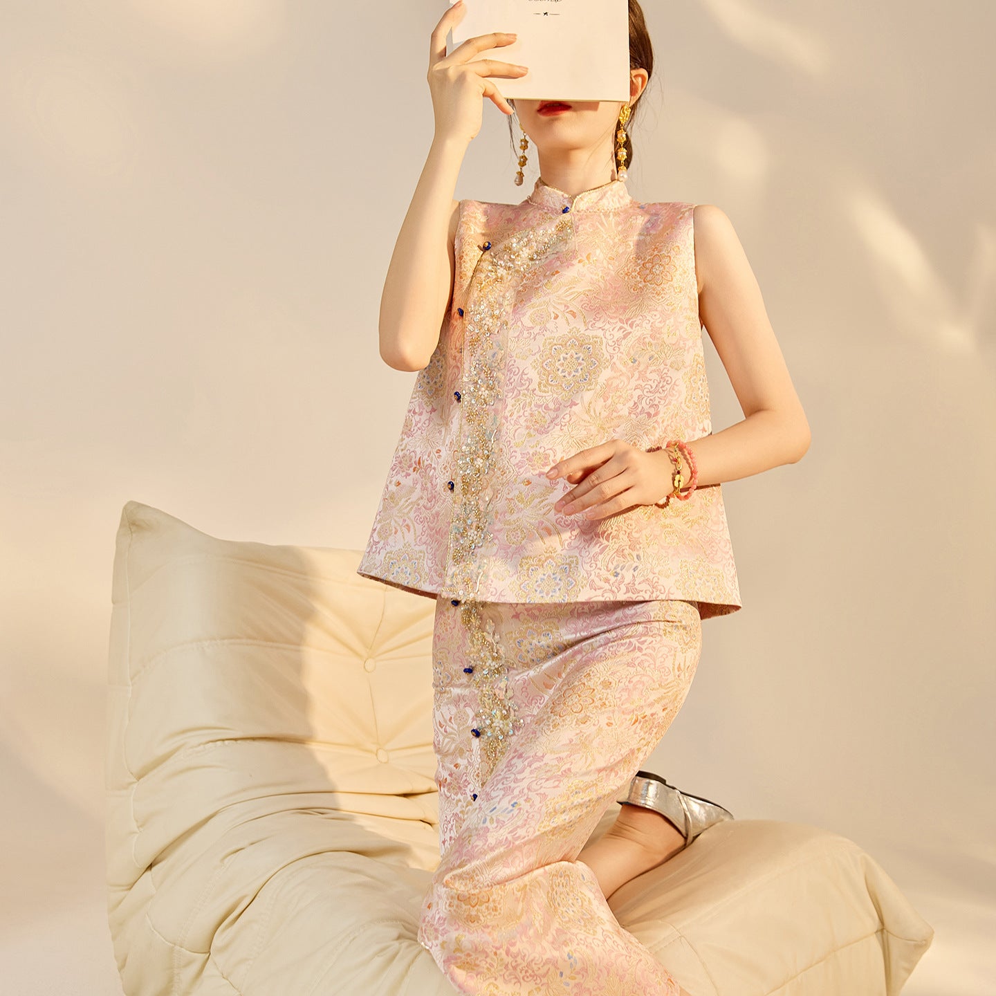 Elegant Beaded Asymmetrical Vest & High Waist Skirt Set