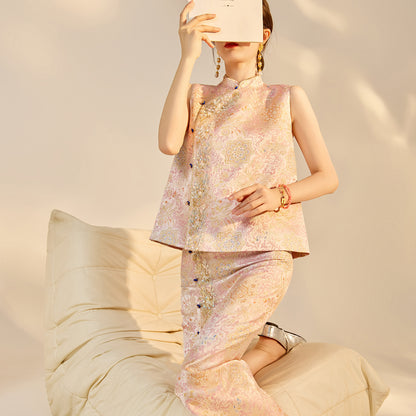 Elegant Beaded Asymmetrical Vest & High Waist Skirt Set