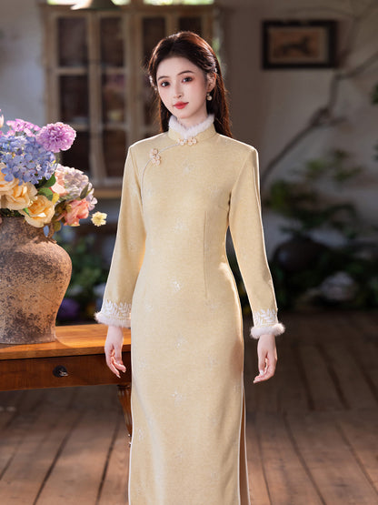 Yellow Fleece-Lined Qipao | Winter Thickened Long Sleeve New Chinese Style 2025