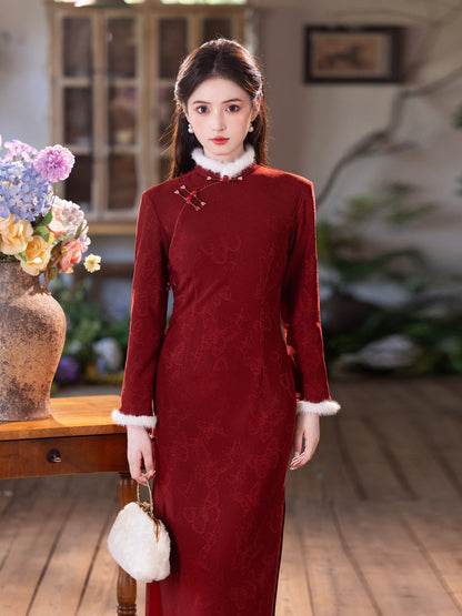 2025 New Red Velvet Cheongsam | Daily & Engagement Warm Dress