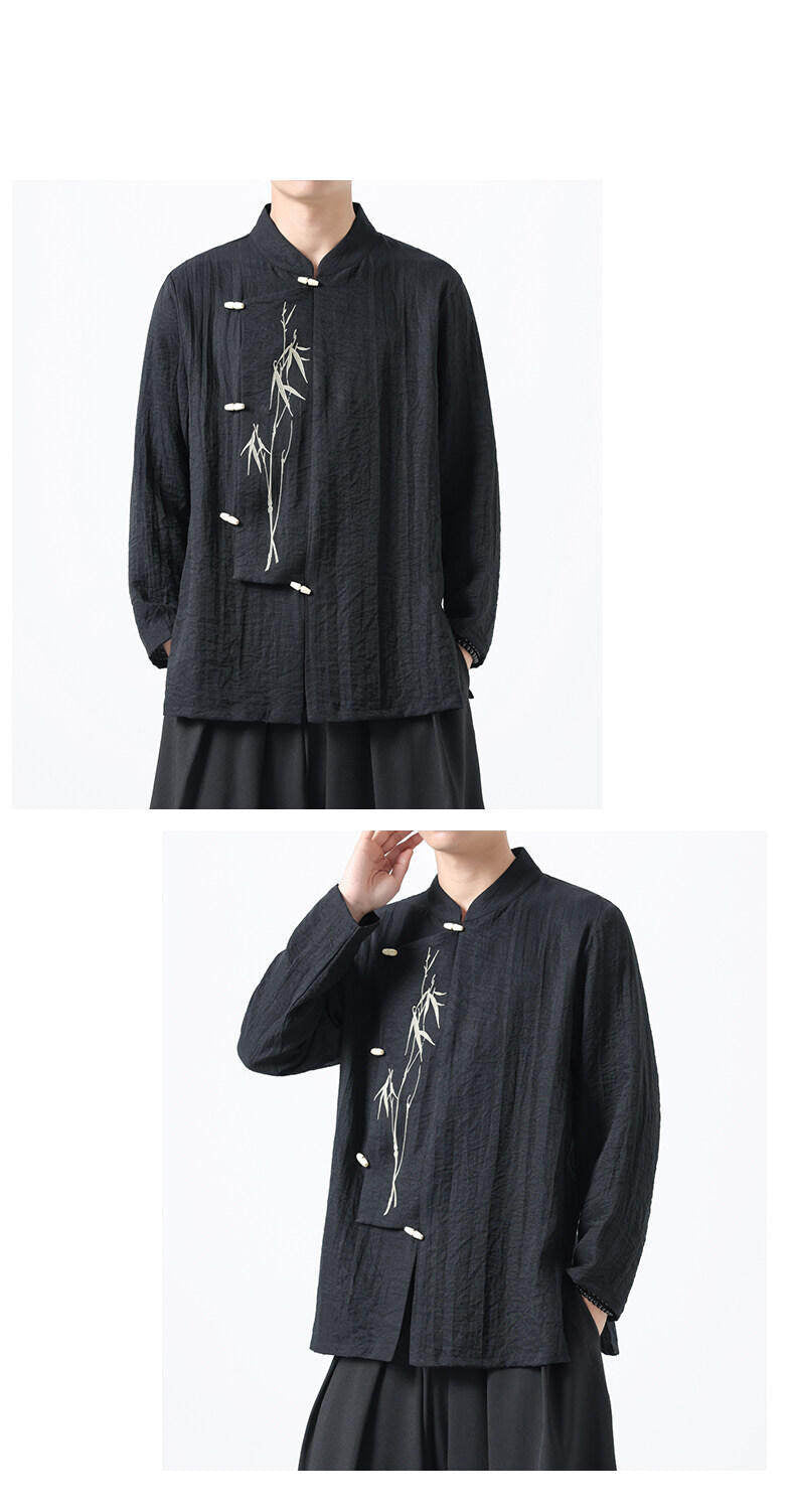 Chinese Style Mens Slanted Collar Hanfu Shirt Long Sleeve Tea Dress