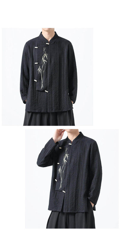 Chinese Style Mens Slanted Collar Hanfu Shirt Long Sleeve Tea Dress
