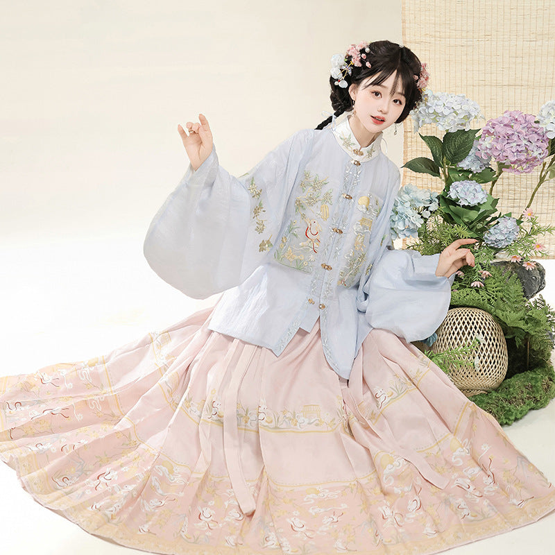 Trees of Sea Ming Hanfu Set Adult Stand Collar Embroidered Pipa Sleeve Horse Face Skirt