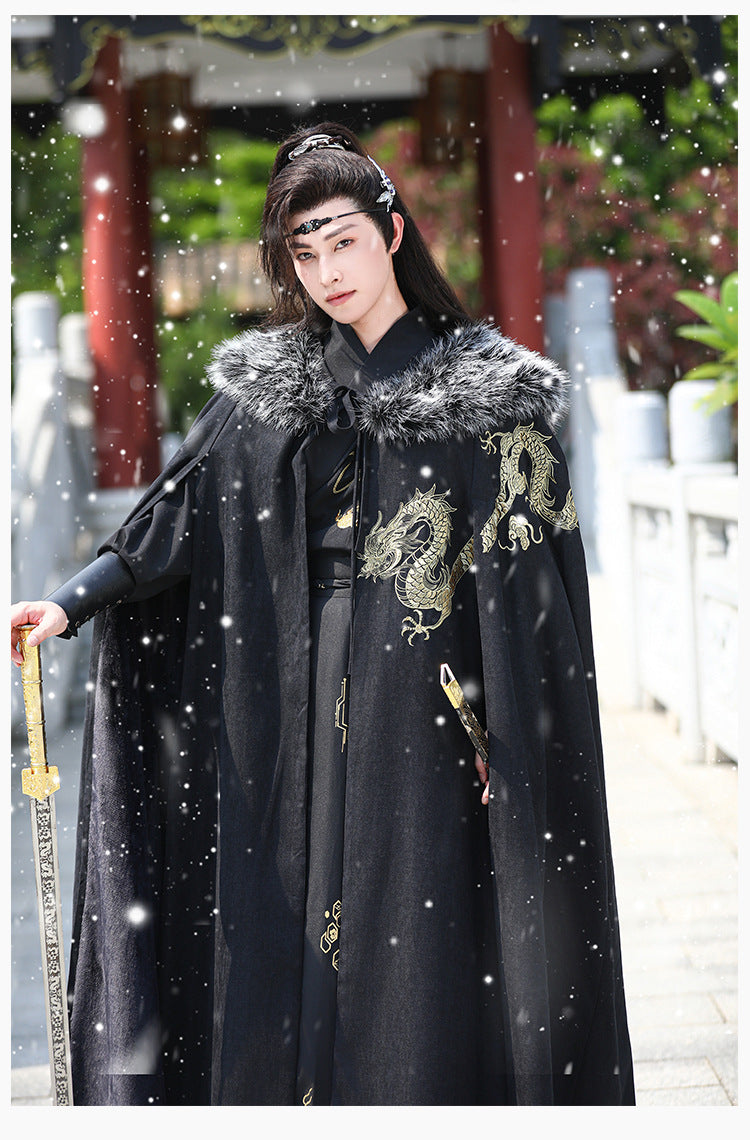 Men's Fleece-Lined Fur Collar Cloak New Chinese Style Winter Hanfu