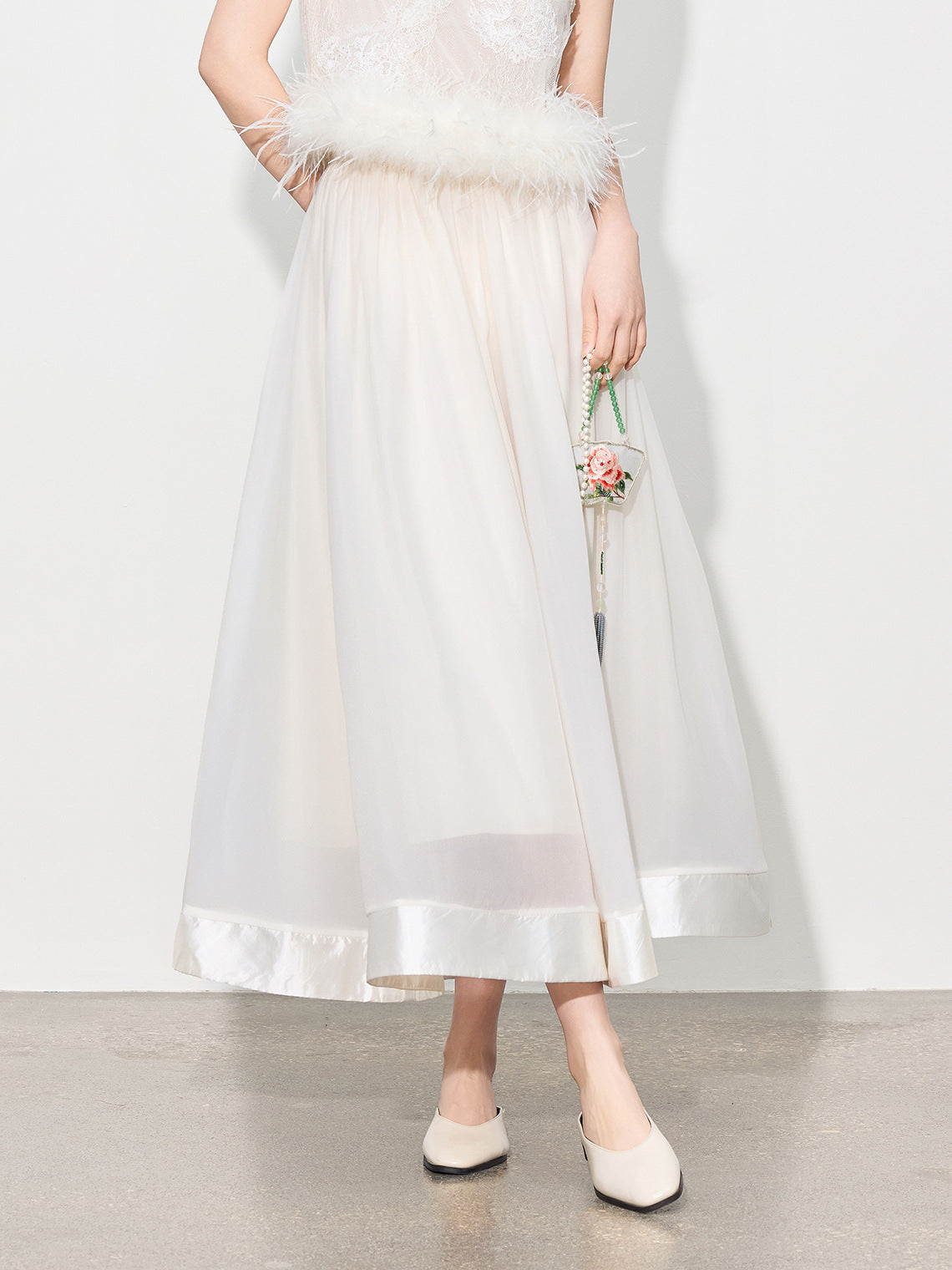 Double-Layer Mesh Patchwork Long Skirt with Elastic Waist