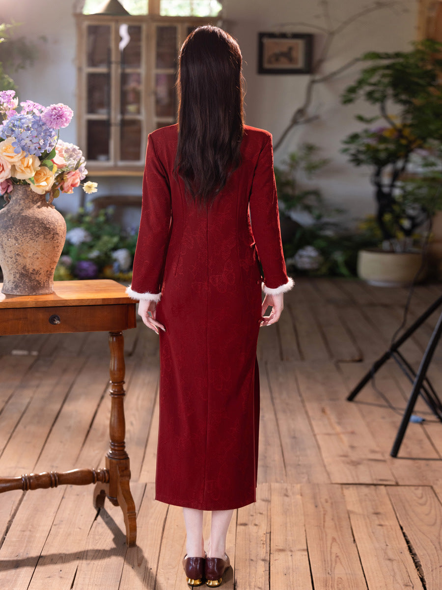 2025 New Red Velvet Cheongsam | Daily & Engagement Warm Dress