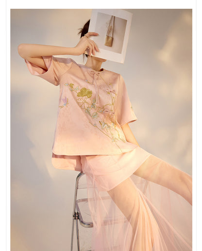 Summer New Chinese Style Embroidered Printed Top and Skirt Set