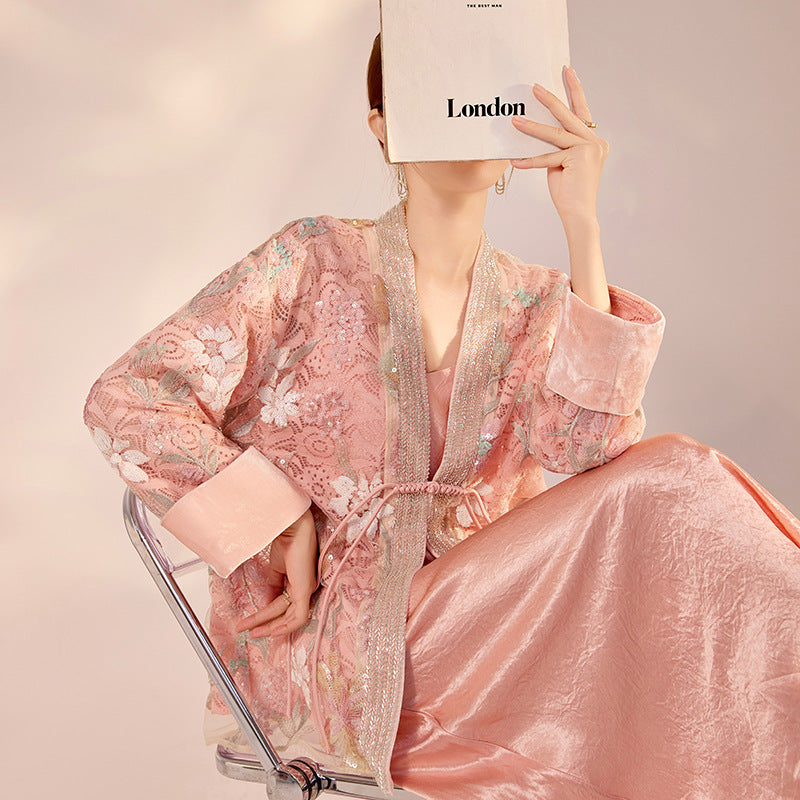 Spring New Chinese Style Velvet Sequin Embroidered Mesh Blouse