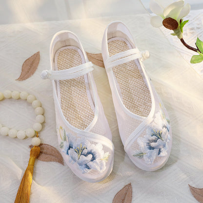 Ancient Style Mesh Embroidered Hanfu Shoes — 3cm Hidden Wedge Flats